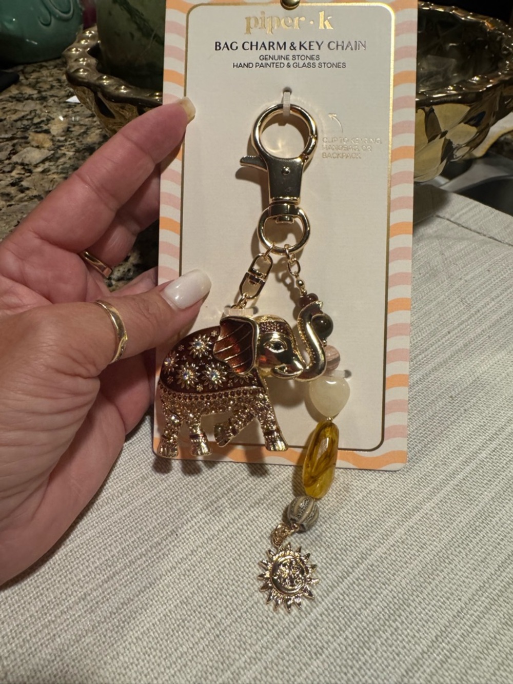 Piper K Gold Elephant Bag Charm Accent with Amber Beads - BEAUTIFUL & UNIQUE